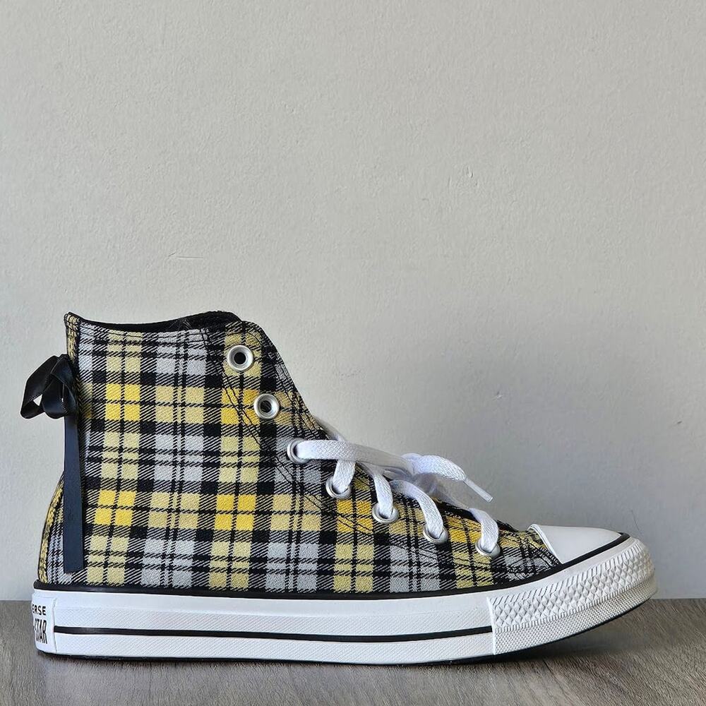 Converse Women's CTAS Plaid Ribbon hi Tops Size 7.5 Yellow Black A16518F NWT - Picture 2 of 6